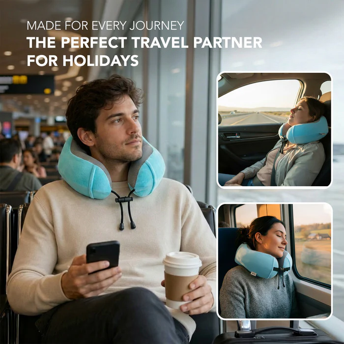 Memory Foam Travel Neck Pillow - Aqua - Image 5