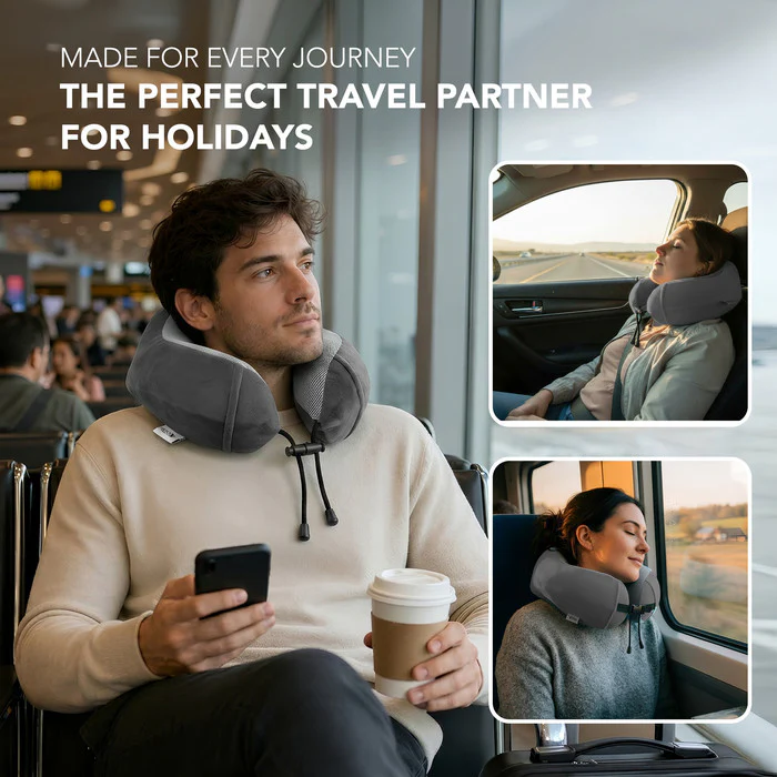 Memory Foam Travel Neck Pillow - Grey - Image 5
