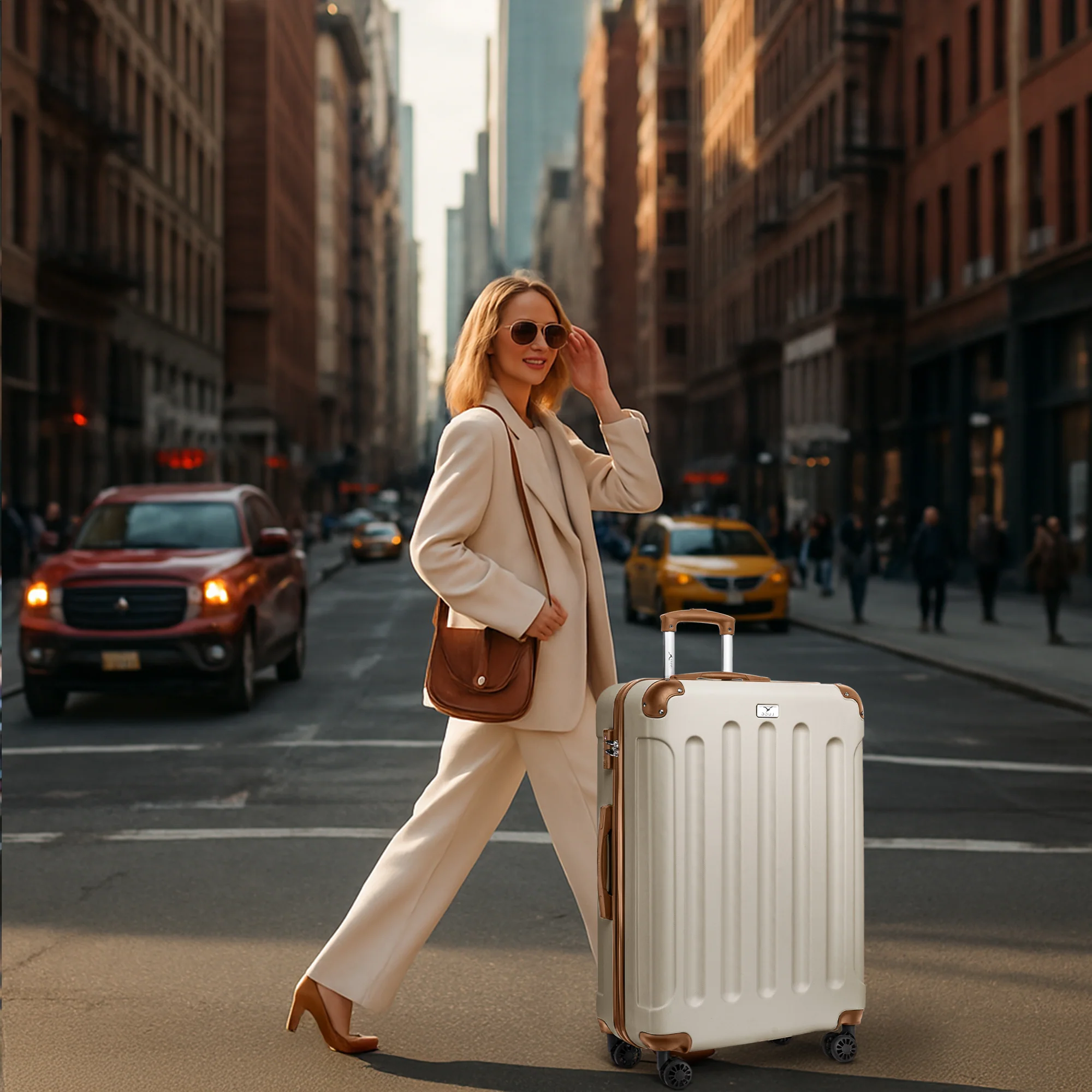28" Skywander Large Suitcase - Cream & Brown - Image 6