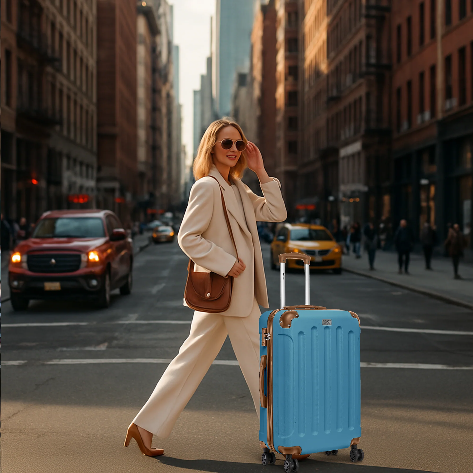 24" Skywander Medium Suitcase - Blue & Brown - Image 6